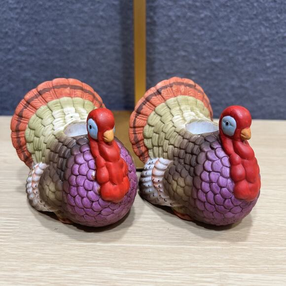 Vintage Lillian Vernon Turkey Dinner Candle Holders Handmade Taiwan Set of 2 - Picture 1 of 9